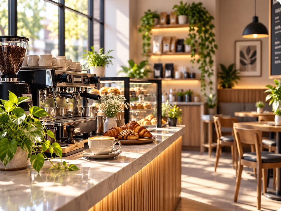 Cafetería moderna con café y repostería