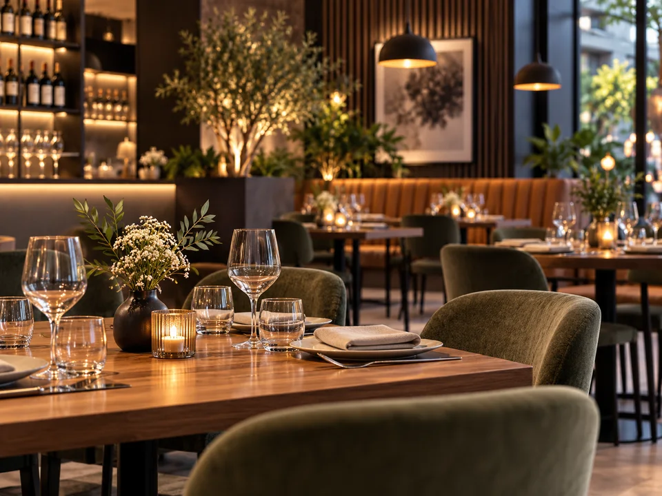 Restaurante moderno con ambiente cálido